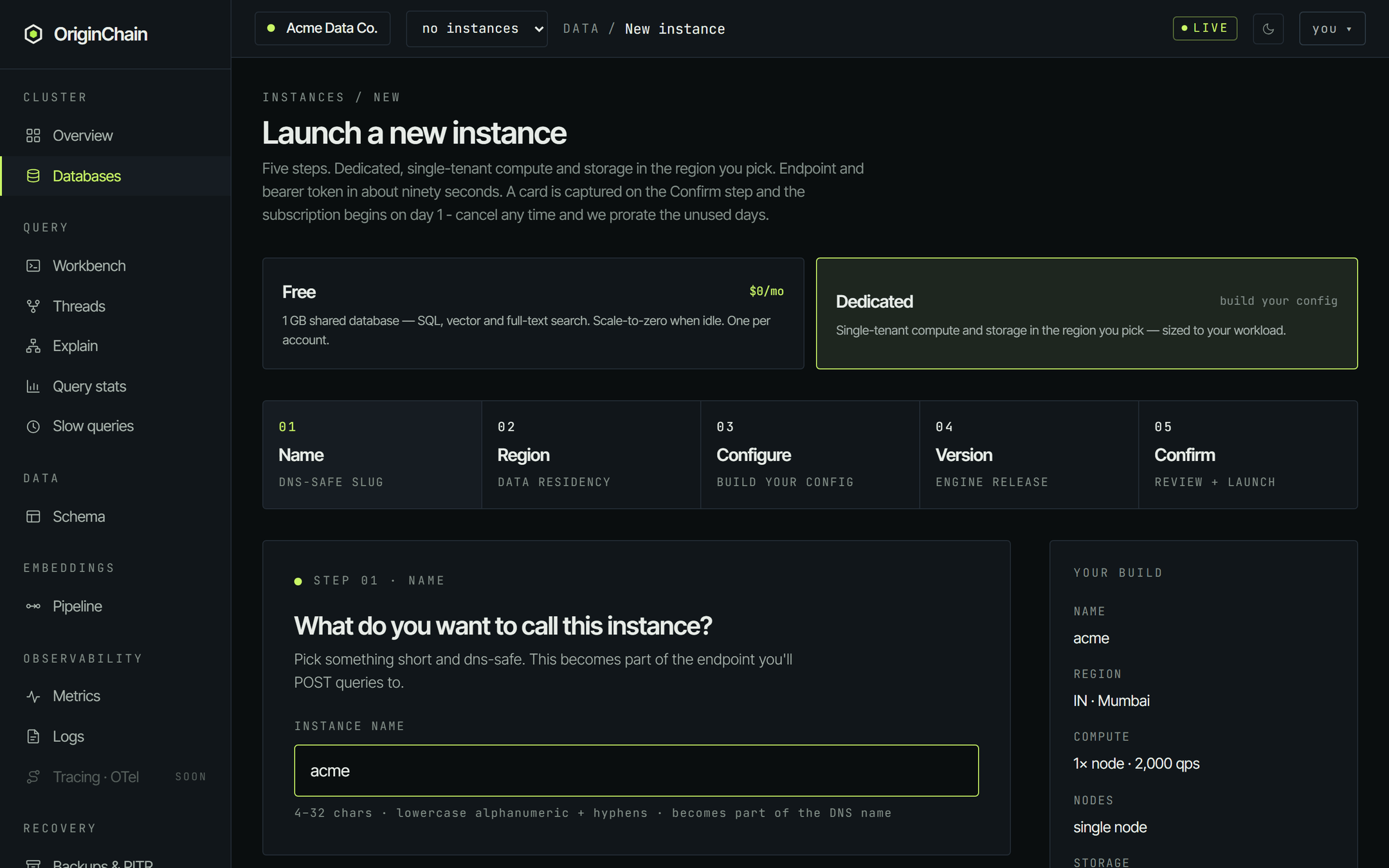 Step 01 of the launch wizard, headed 'What do you want to call this instance?', with an instance name field containing acme and a hint reading 4-32 chars, lowercase alphanumeric plus hyphens, becomes part of the DNS name.