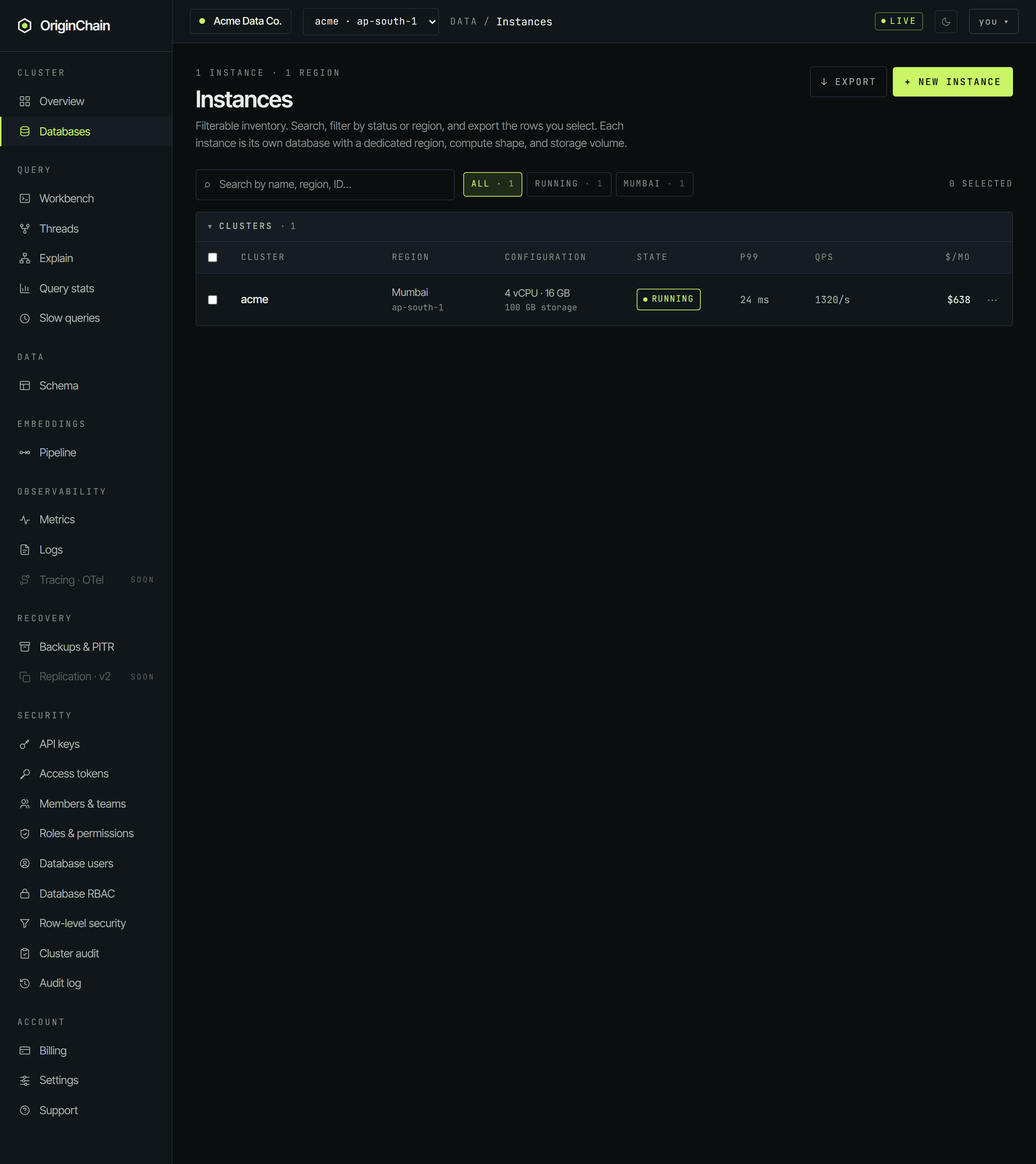 The full console sidebar next to the Instances page, showing the groups Cluster, Query, Data, Embeddings, Observability, Recovery, Security and Account with their entries, and the greyed-out Tracing and Replication entries marked SOON.