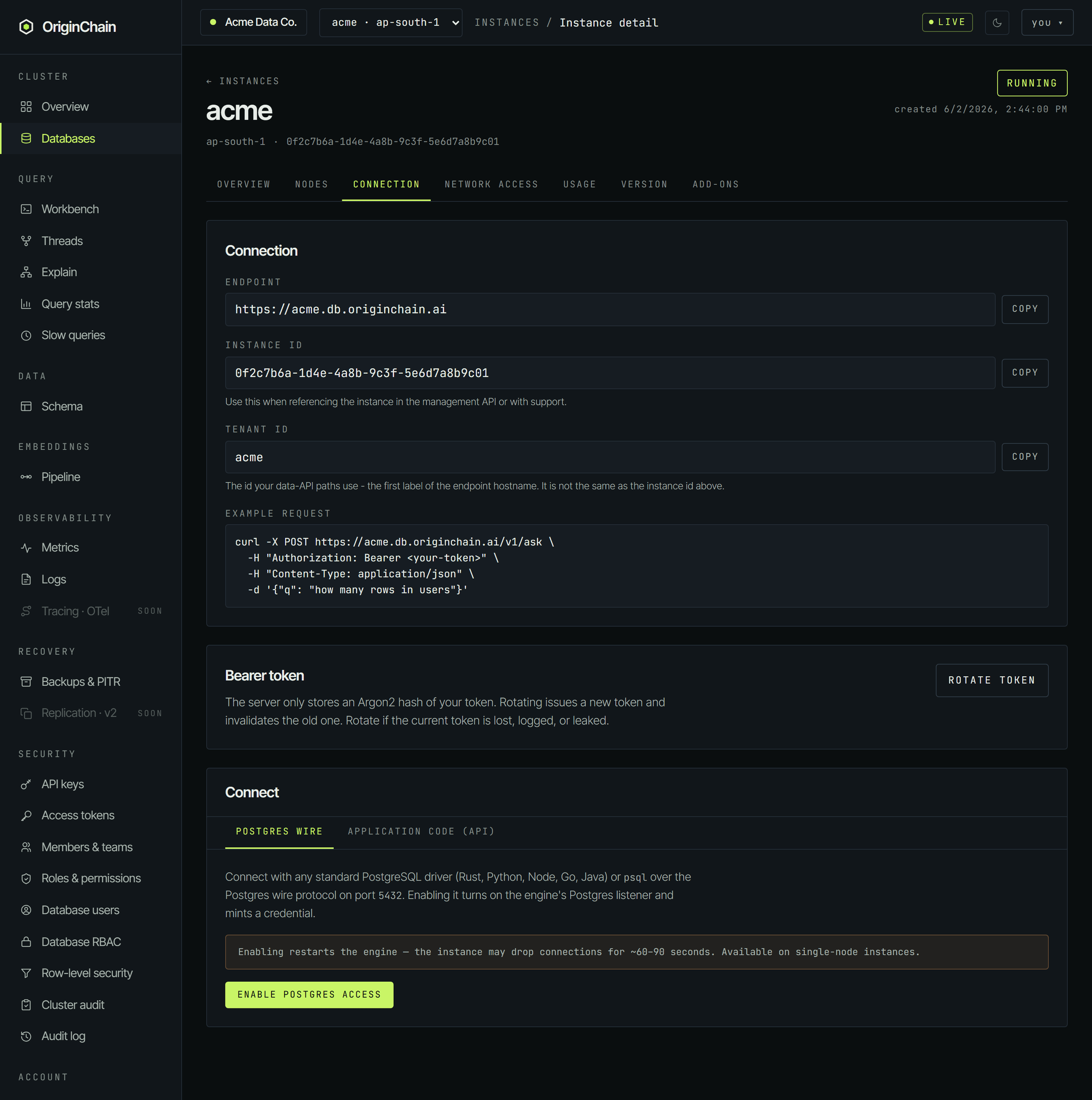 The Connection tab showing the endpoint, instance ID and tenant ID fields each with a copy button, an example curl request using a Bearer your-token placeholder, the bearer token rotation panel, and the Connect panel with Postgres wire and Application code tabs.
