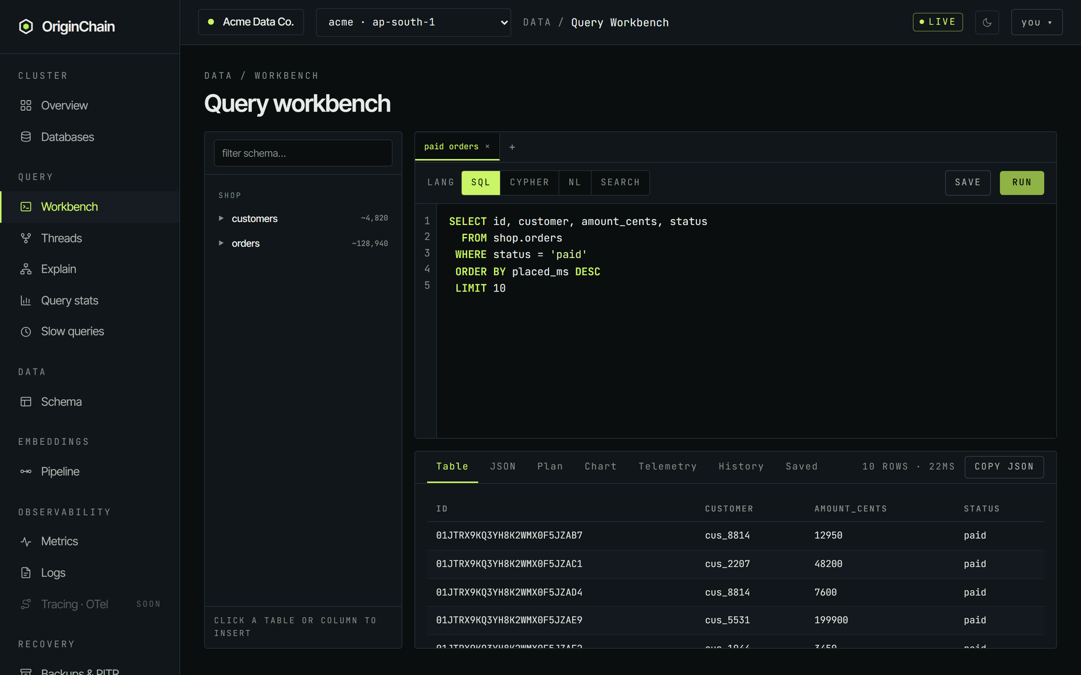 The OriginChain query workbench with the LANG switcher set to SQL, a SELECT over shop.orders filtered on status paid in the editor, and the Table tab below showing ten rows with id, customer, amount_cents and status columns.