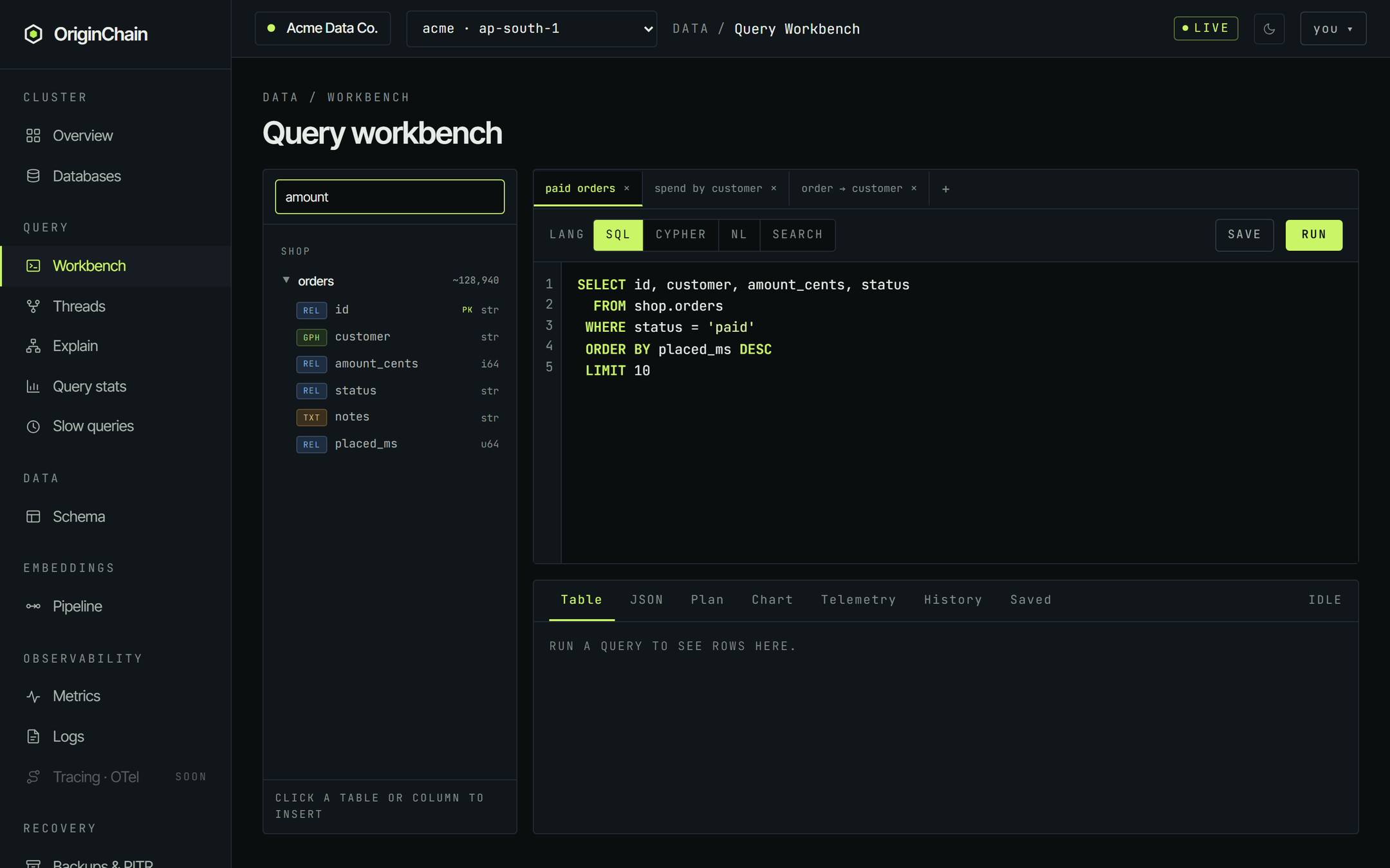 The workbench schema rail filtered by the word amount, showing only the orders table, expanded, with its six columns each carrying a REL, GPH or TXT chip, a PK marker on id, and types like str, i64 and u64 on the right.